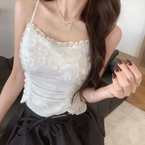 Load image into Gallery viewer, y2k Camisole Women Clothes 3D Flower Frill Trim Scoop Neck Spaghetti Strap Backless Padded Crop Tops 2000s Clothing
