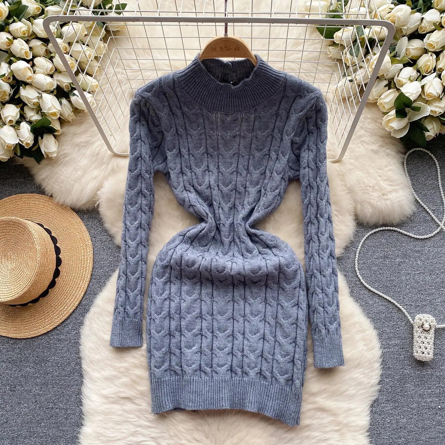 French Black White Hollow Out Backless Knitted Mini Dress Women Autumn Gray New Office Long Sleeves Twisted Sweater Short Dress