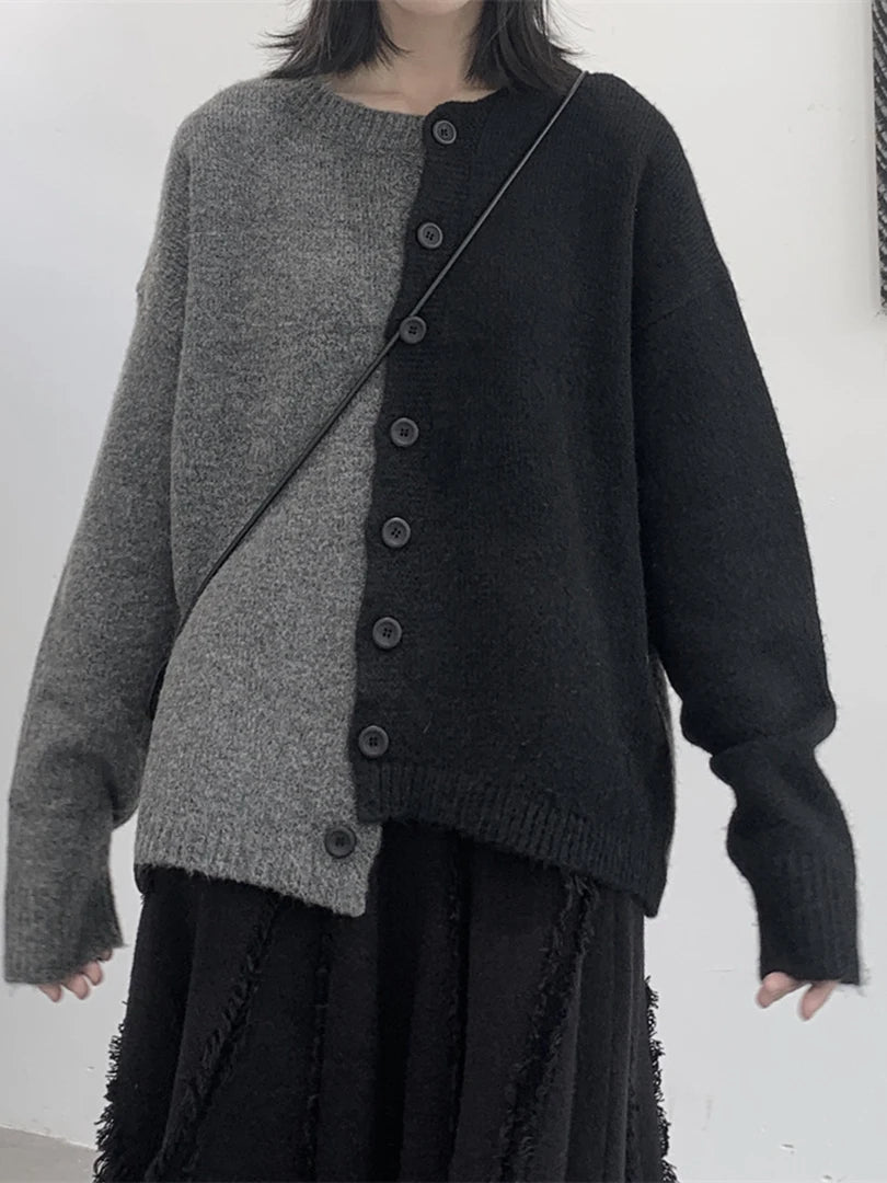 Color-block Big Size Knitting Cardigan Sweater Loose Fit --Neck Long Sleeve Women New Fashion Autumn Winter 2025 1DF2470