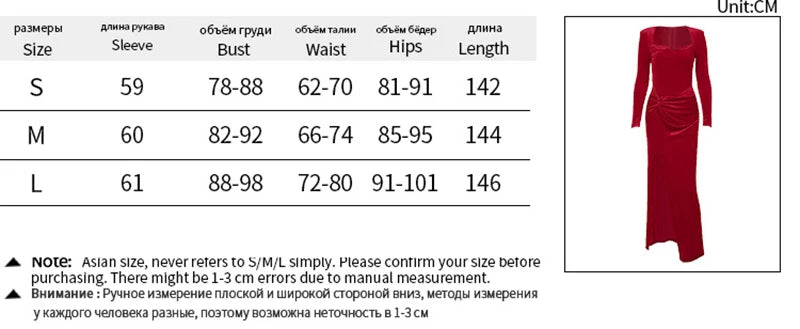 Velvet Long Sleeve Sexy Maxi Dress For Women Autumn Winter New Square Collar Thigh High Split Evening Club Party Dress