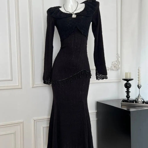 Load image into Gallery viewer, French Retro Women Beige Lace Long Sleeved Tassels Festival Party Dress Autumn Winter Black Slim Ruffles Package Hip Dress Trend
