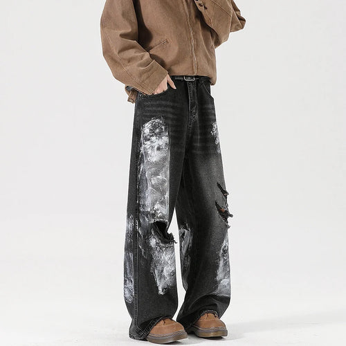 Load image into Gallery viewer, Men's Jeans New American Style Niche Design Graffiti Ripped Design Straight Wide Leg Hole Stylish Male Clothing 9W2023
