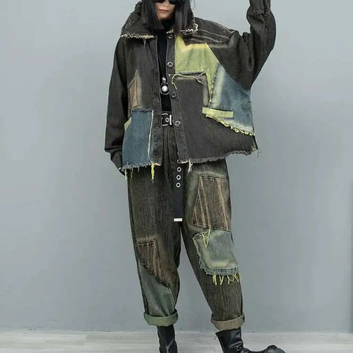 Load image into Gallery viewer, Big Size Denim  Jacket Wide Leg Pants Two Piece Suit New Lapel Long Sleeve Women Fashion Tide Spring Autumn 2025 1DH9117
