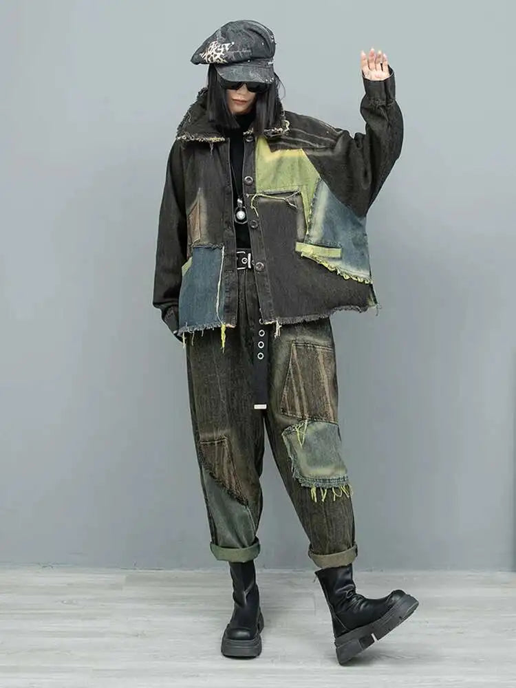 Big Size Denim  Jacket Wide Leg Pants Two Piece Suit New Lapel Long Sleeve Women Fashion Tide Spring Autumn 2025 1DH9117