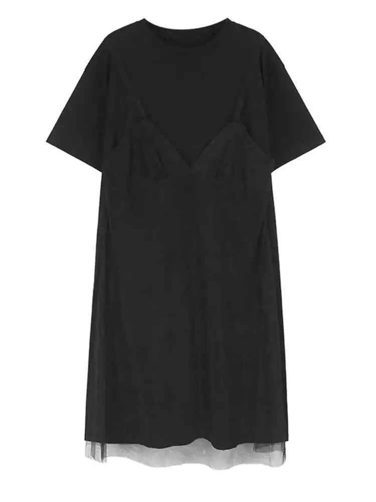 Women Gray Mesh Spliced Big Size Casual Midi Dress New Round Neck Short Sleeve Fashion Tide Spring Summer 2025 1DH9817