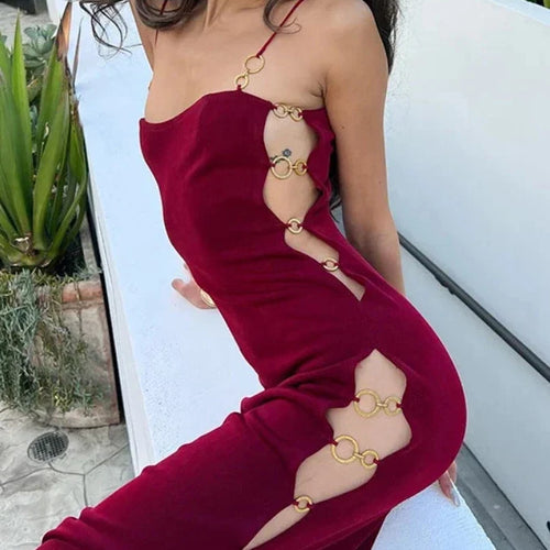 Load image into Gallery viewer, Side Hollow Out Ring Split Long Maxi Dress Sexy Red Black Velvet Elegant Evening Dresses for Women Luxury C15-FI38
