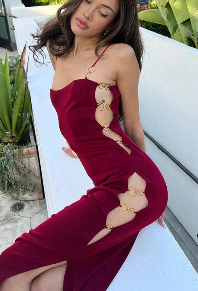 Side Hollow Out Ring Split Long Maxi Dress Sexy Red Black Velvet Elegant Evening Dresses for Women Luxury C15-FI38