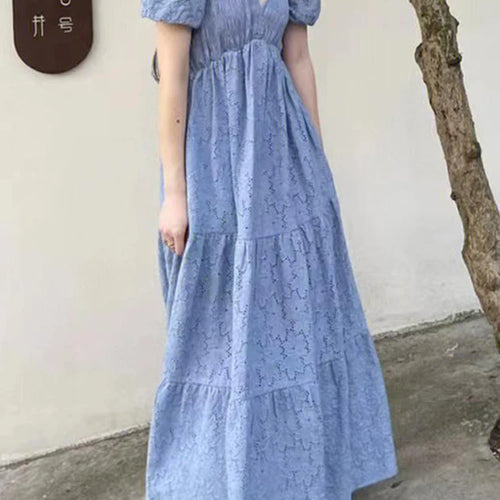 Load image into Gallery viewer, French Style Blue V-neck Women&#39;s Dresses Fashion Office Ladies Summer Slim Waist Puff Sleeve Elegant Female Maxi Dress
