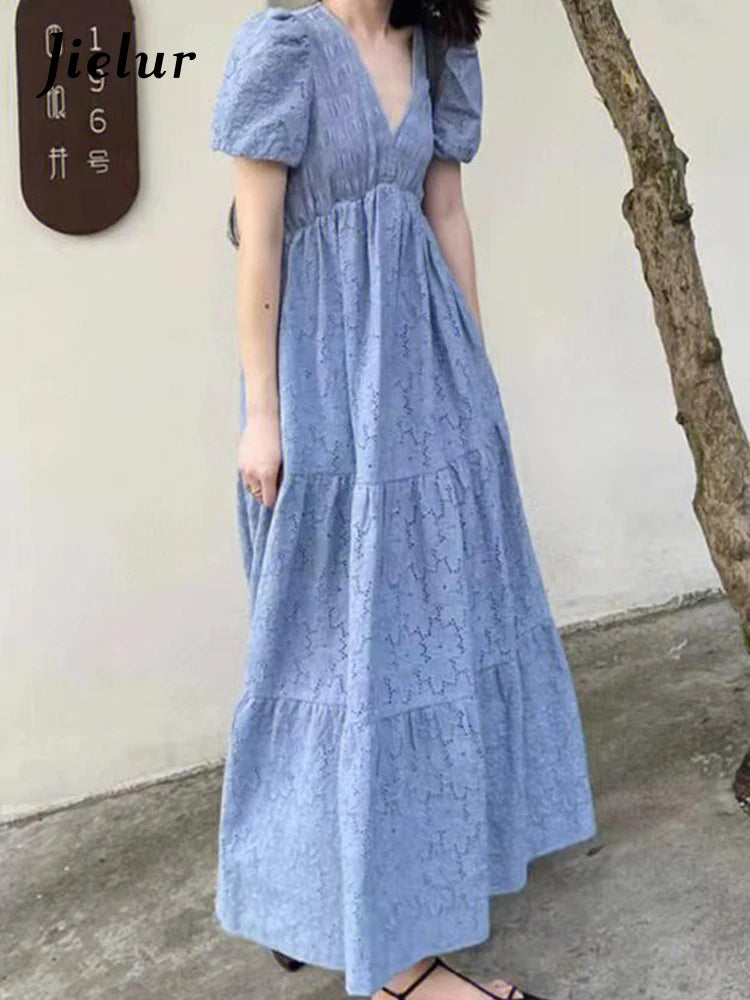 French Style Blue V-neck Women's Dresses Fashion Office Ladies Summer Slim Waist Puff Sleeve Elegant Female Maxi Dress