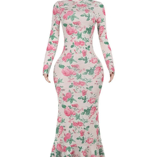 Load image into Gallery viewer, Bodycon Long Sleeve Half High Collar Print Zipper Elegant Maxi Dress Women Slim High Waist Sexy Dress Ladies Outfits
