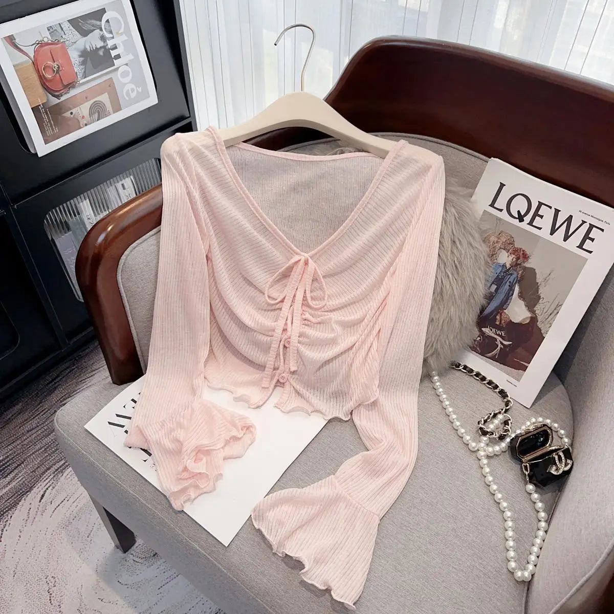 Summer Fashion 2025 New Yellow Pink V Neck Single Breasted Pleated Shirt Women White Slim Flared Long Sleeves Lace-up Tops Trend