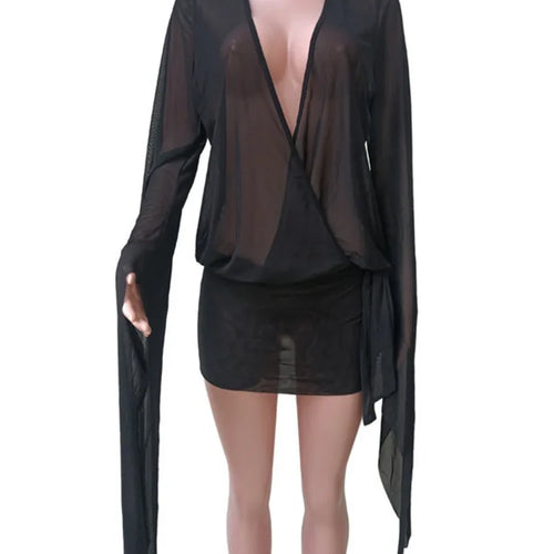 Load image into Gallery viewer, Mesh See Through Sexy Mini Dress For Women Black Sheer Mesh Deep V Neck Long Sleeve Backless Draped Ruched Dress

