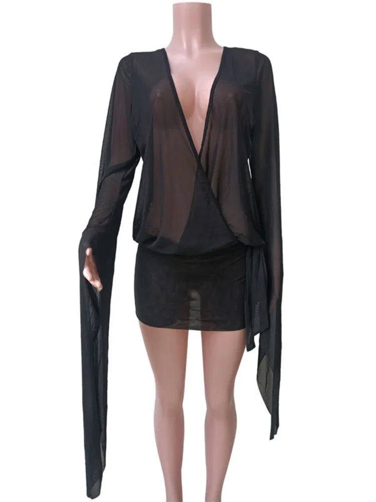 Mesh See Through Sexy Mini Dress For Women Black Sheer Mesh Deep V Neck Long Sleeve Backless Draped Ruched Dress