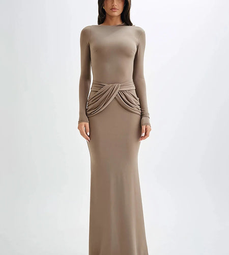 Diagonal Collar Long Sleeve Maxi Dress For Women Autumn Winter New Solid High Waist Ruched Bodycon Sexy Long Dress