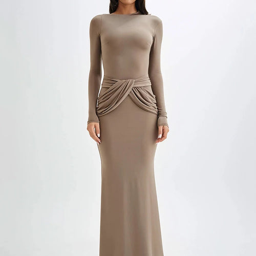 Load image into Gallery viewer, Diagonal Collar Long Sleeve Maxi Dress For Women Autumn Winter New Solid High Waist Ruched Bodycon Sexy Long Dress
