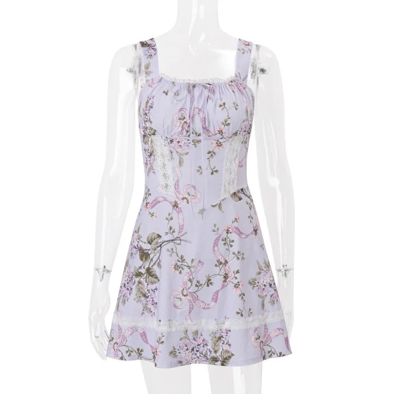 Floral Print Backless Sexy Mini Dress Women Robe Summer Fashion Square Collar Sleeveless High Waist A-line Club Dress