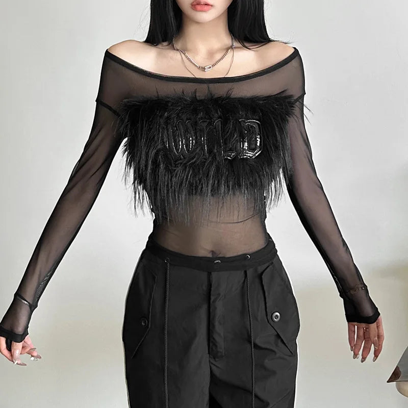Y2k Aesthetic Vintage Fur Patchwork Tees Autumn Slim Streetwear Letter See Through Tshirts Women Harajuku Grunge Crop Mesh Tops
