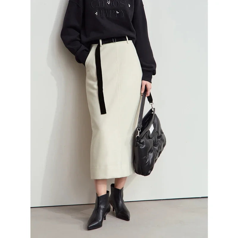 Minimalism Women's Elegant Commuter Skirts with Velvet Belt 2024 Winter Twill Fabric Warm Slit Straight Midi Skirt 12444183