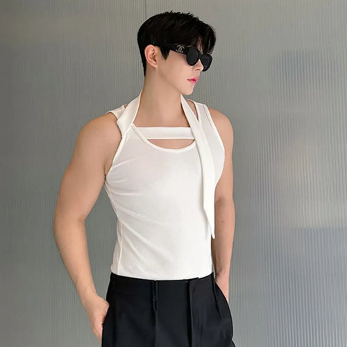 Load image into Gallery viewer, Niche Men&#39;s Casual Tank Tops Slim Sleeveless O-neck Solid Color Male Top New Chic Summer Neck Ribbon Design 9C6196
