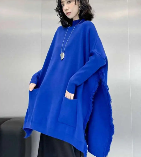Blue Big Size Slit Burr Knitting Sweater Turtleneck Long Sleeve Women Pullovers New Fashion Spring Autumn 2025 1DH8060