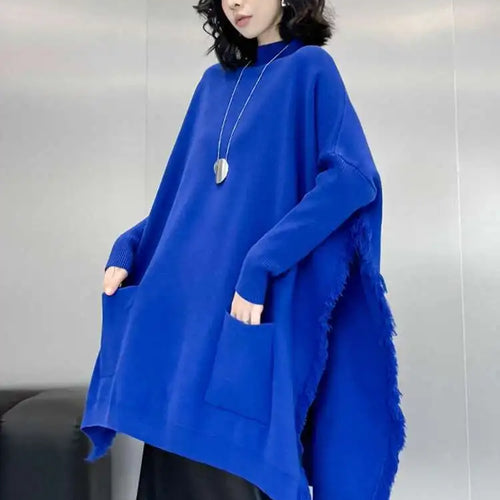 Load image into Gallery viewer, Blue Big Size Slit Burr Knitting Sweater Turtleneck Long Sleeve Women Pullovers New Fashion Spring Autumn 2025 1DH8060
