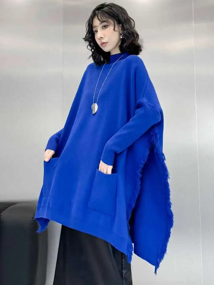 Blue Big Size Slit Burr Knitting Sweater Turtleneck Long Sleeve Women Pullovers New Fashion Spring Autumn 2025 1DH8060