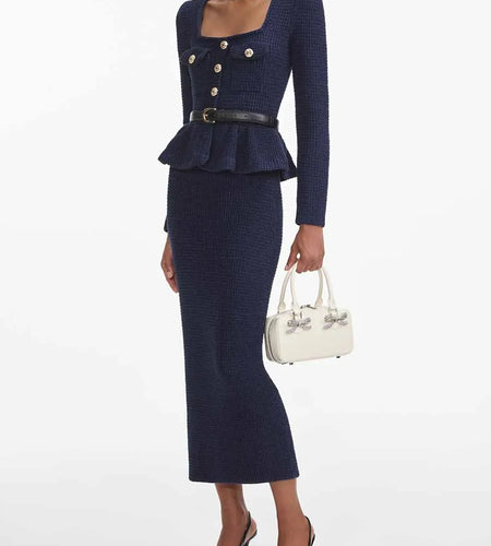 Temperament Knit Two Oiece Sets for Women Square Neck Long Sleeves Spliced Button Top High Waist Skirt Set Female