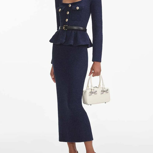 Load image into Gallery viewer, Temperament Knit Two Oiece Sets for Women Square Neck Long Sleeves Spliced Button Top High Waist Skirt Set Female
