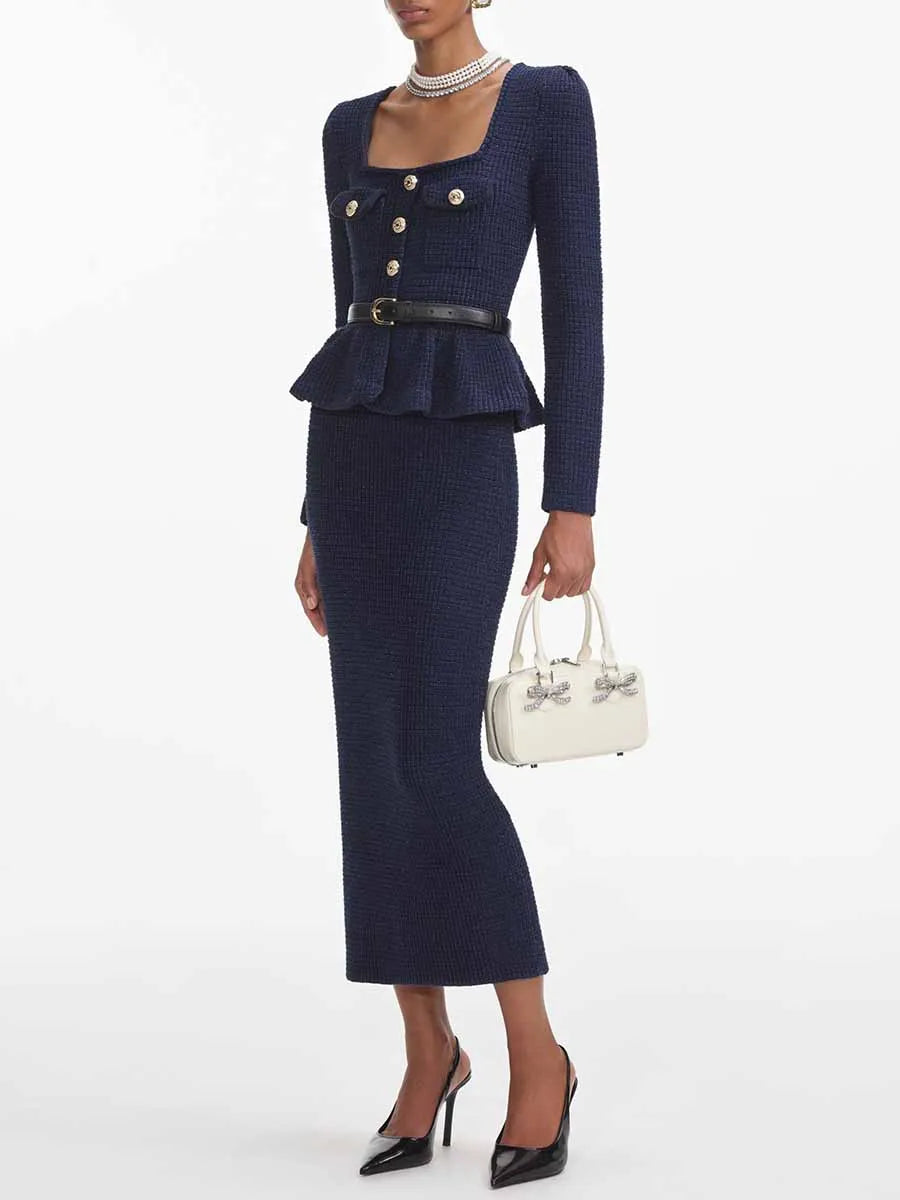 Temperament Knit Two Oiece Sets for Women Square Neck Long Sleeves Spliced Button Top High Waist Skirt Set Female