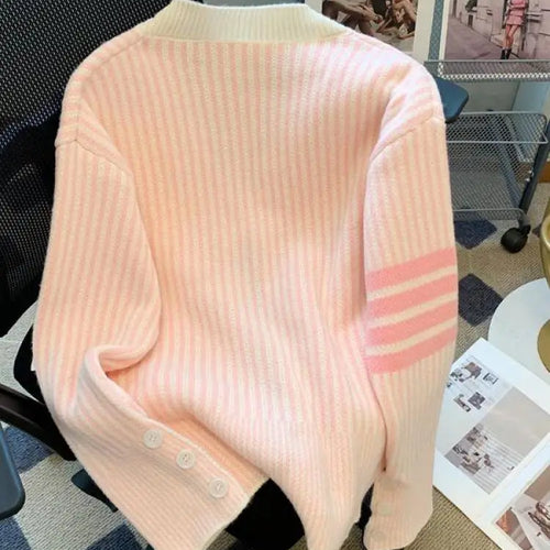 Load image into Gallery viewer, Pink Striped Single Breasted Cotton Sweater Women 2024 Autumn Winter New Blue Patchwork V-neck Knit Cardigan Tops Versatile Chic
