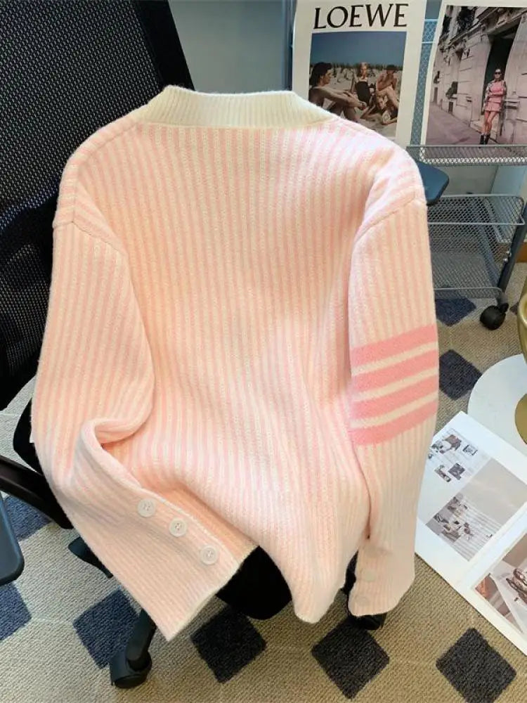 Pink Striped Single Breasted Cotton Sweater Women 2024 Autumn Winter New Blue Patchwork V-neck Knit Cardigan Tops Versatile Chic