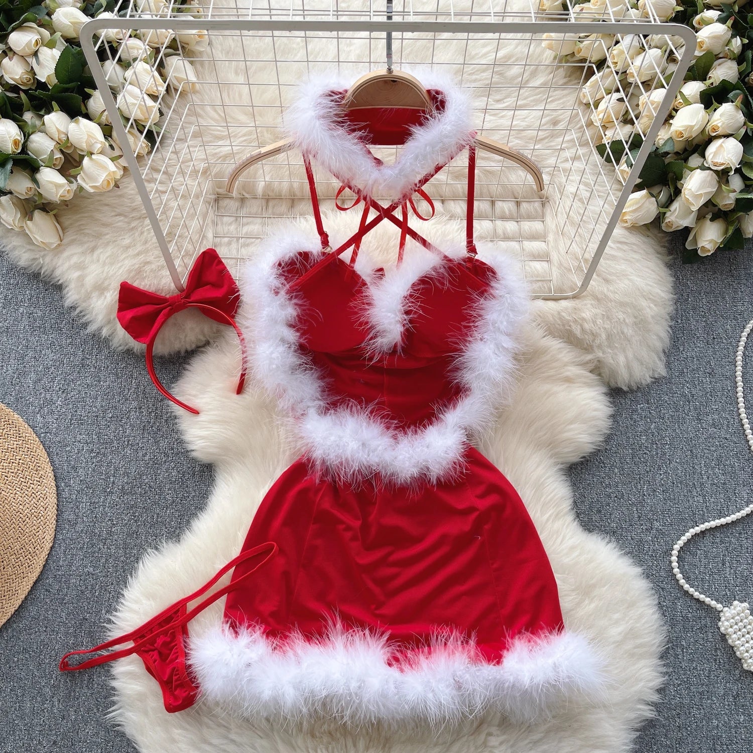 Summer New Women's Sexy Club Temptation New Year Christmas Uniform Bow Decoration Backless Red Flirt Halter Bandage Mini Dresses