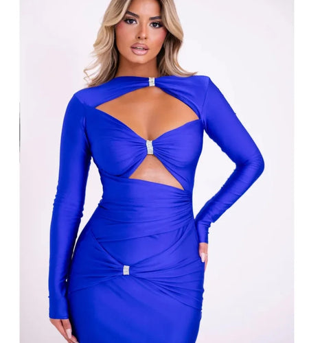 Sexy Hollow Out Long Sleeved Elastic Tight Dress Women Pleats Double Layered Female Vestidos Elegant Party Evening Dress