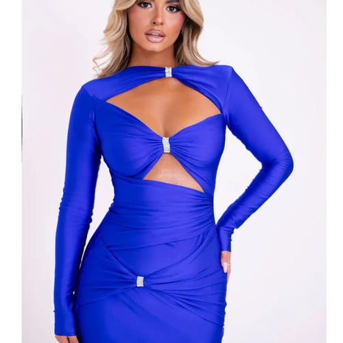 Load image into Gallery viewer, Sexy Hollow Out Long Sleeved Elastic Tight Dress Women Pleats Double Layered Female Vestidos Elegant Party Evening Dress
