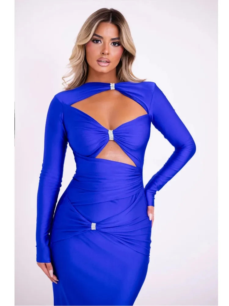 Sexy Hollow Out Long Sleeved Elastic Tight Dress Women Pleats Double Layered Female Vestidos Elegant Party Evening Dress