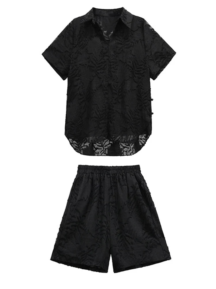 Black Jacquard Shirt Wide Leg Shorts Two Piece Suit New Lapel Short Sleeve Women Fashion Tide Spring Summer 2025 1DH5817