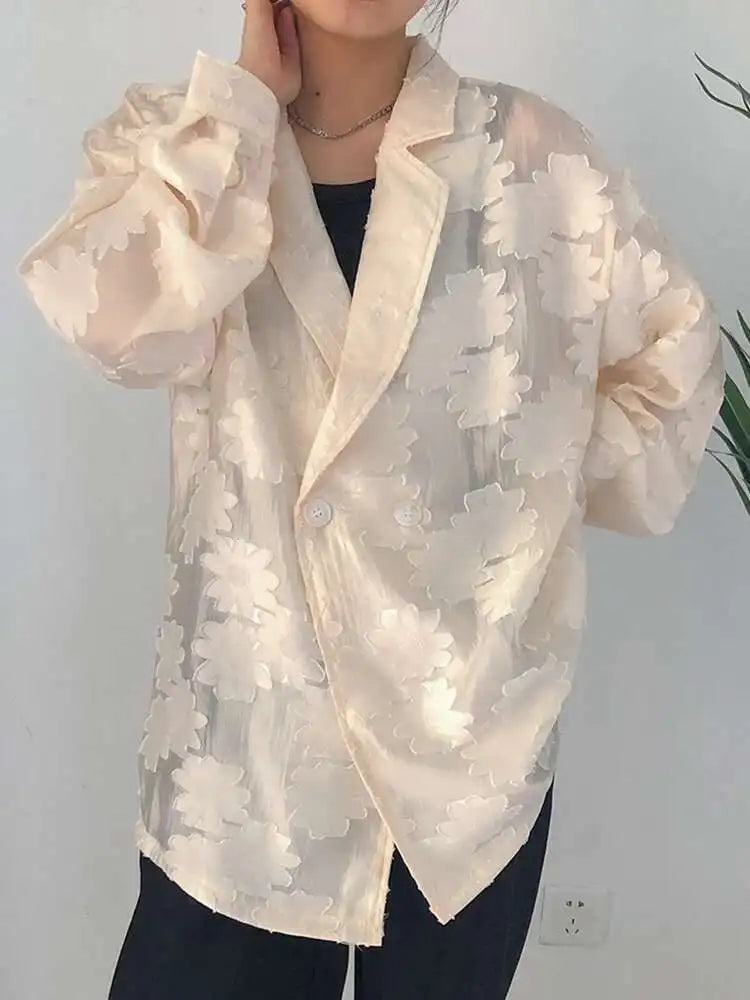 Women Beige Jacquard Embroidery Big Size Blouse New Lapel Long Sleeve Loose Fit Shirt Fashion Spring Autumn 2025 1DF1478
