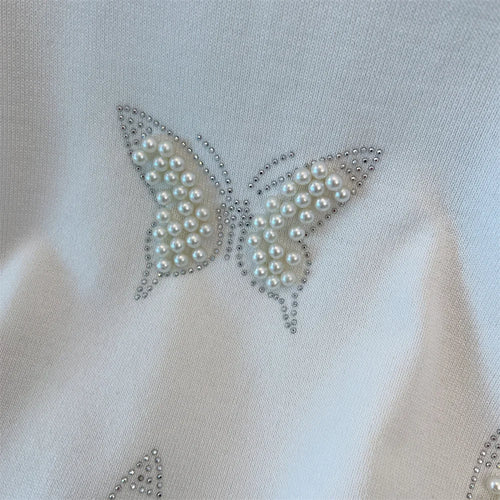 Load image into Gallery viewer, Summer O Neck Puff Short Sleeve Women T-Shirts Sweet Pearl Embroidery Female Knitted Tops Korean Chic Butterfly Beading Tees
