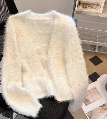 Autumn Winter Vintage Fashion 2024 New Solid Elegant Pearl Button Imitation Mink Short Sweater Women V Neck Cardigan Knit Tops