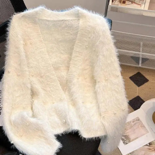 Load image into Gallery viewer, Autumn Winter Vintage Fashion 2024 New Solid Elegant Pearl Button Imitation Mink Short Sweater Women V Neck Cardigan Knit Tops

