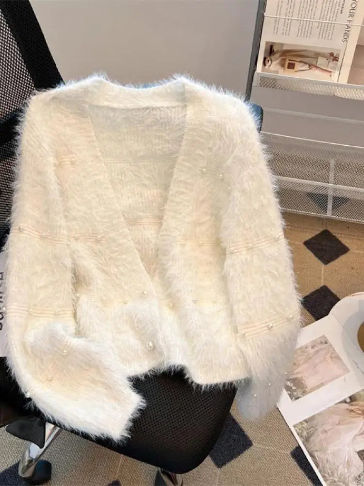 Autumn Winter Vintage Fashion 2024 New Solid Elegant Pearl Button Imitation Mink Short Sweater Women V Neck Cardigan Knit Tops