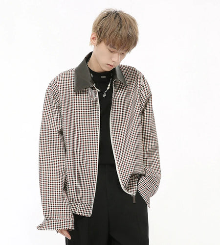 Niche Design Men's Jackets Casual PU Leather Patchwork Plaid Lapel Coats Contrast Color Zipper Loose Male Tops Tide 9C8725