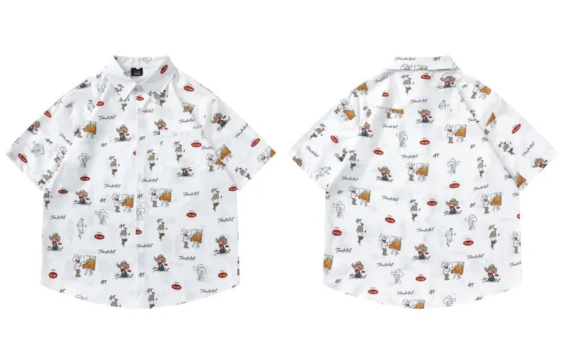 Harajuku Hawaiian Shirts Cartoon Van Gogh Graphic Printed Summer Beach Blouse Hip Hop Casual Baggy Short Sleeve Button Up Tops