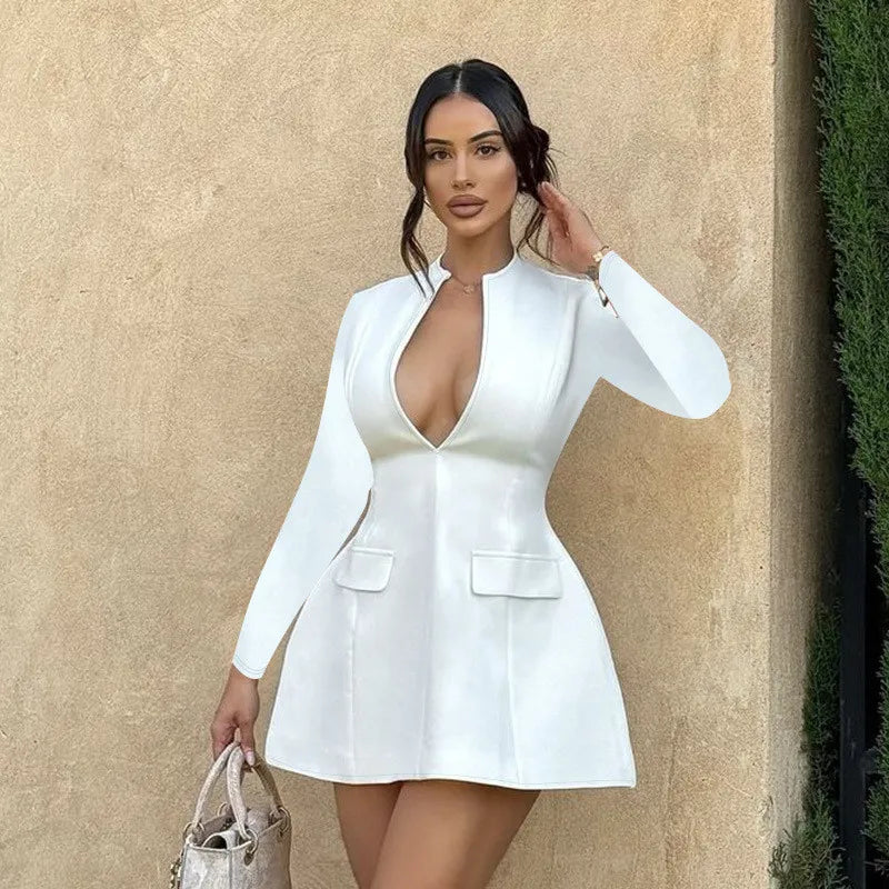 Autumn Long Sleeve Sexy Mini Dress For Women Solid Zipper Deep V Neck Two Pocket High Waist A-line Dress Femme Clothes