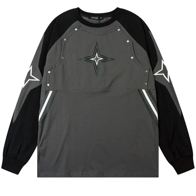 Men Sports Oversize T-Shirts Y2K Streetwear Hip Hop Star Print Patchwork Long Sleeve Cotton Tshirt Harajuku Loose Cotton Tops