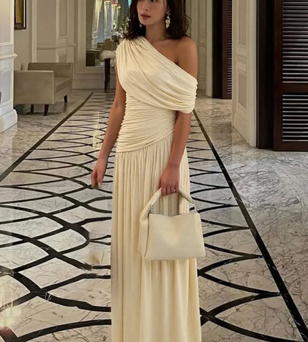 Incline Shoulder Backless Sexy Maxi Dress Women Summer New Fashion Sleeveless Pleated Ruched Club Party Long Dress