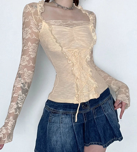 Chic Korean Autumn T shirt Female Cute Lace Spliced Fashon Tops Coquette Clothes Ruched Tie Up Slim Transparent Tees
