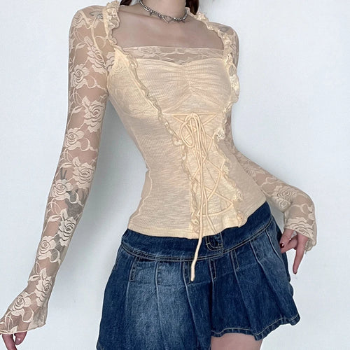 Load image into Gallery viewer, Chic Korean Autumn T shirt Female Cute Lace Spliced Fashon Tops Coquette Clothes Ruched Tie Up Slim Transparent Tees
