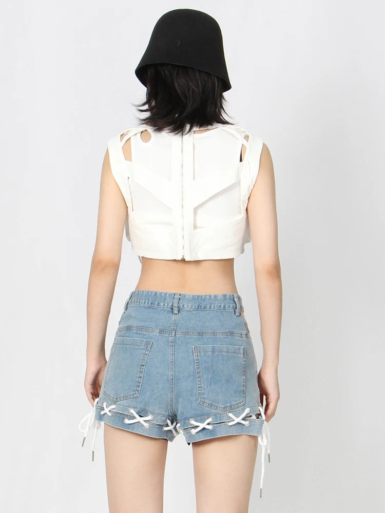 Fashion Bandage Short Pants For Women High Waist Solid Loose Sexy Denim Shorts Female Summer Clothes Style