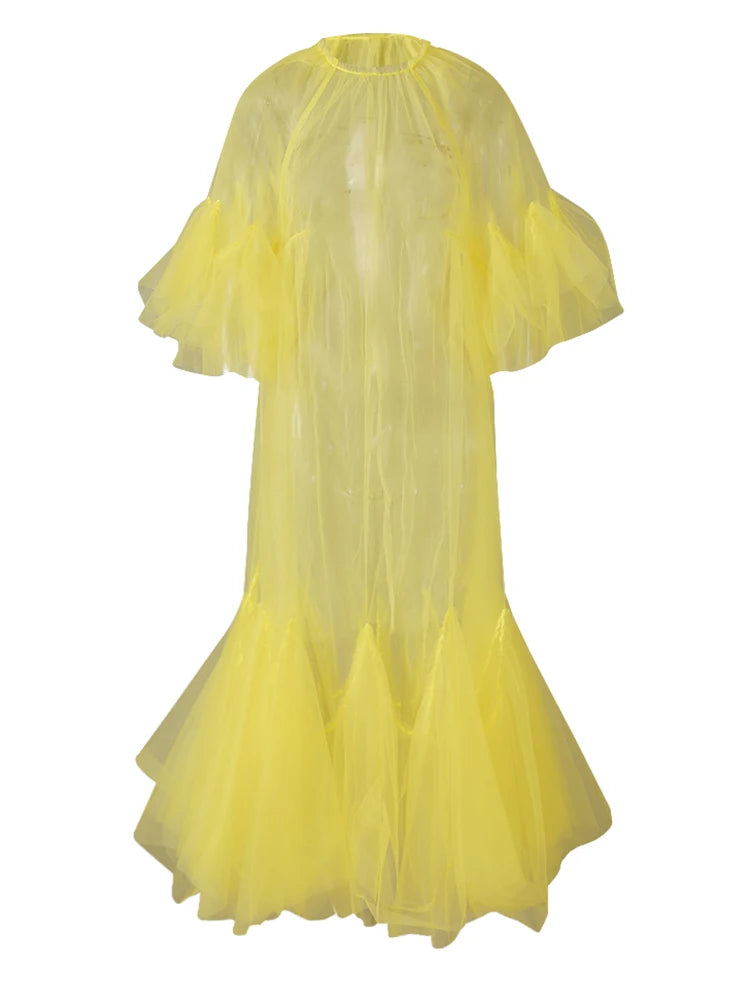 Women Black Ruffles Long Big Size Dress New Round Neck Three-quarter Sleeve Loose Fit Fashion Spring Summer 2025 JR77101